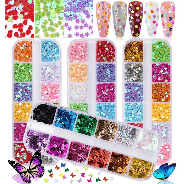 Kalolary 4boxes Butterfly Heart Shape Nail Art Glitter Sequins, Laser Holographic 3D Thin Star Heart Butterfly Plum Blossom Glitter for Valentine's Day Nail Art Decoration Resin Mold DIY