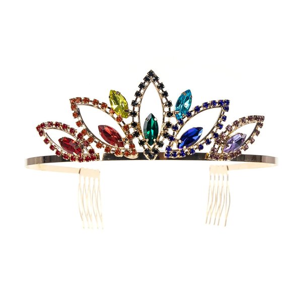 Rosemarie & Jubalee Women's Dazzling Crystal Rhinestone Royal Tiara Gold Tone Hair Crown (Rainbow Marquis Crystal)