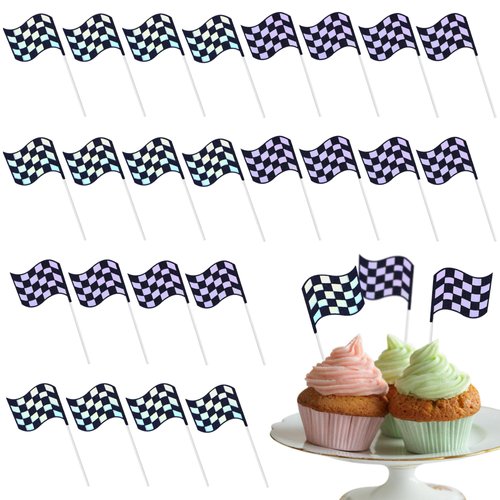 24Pcs Checkered Flag Cupcake Toppers,Glitter Race Car Cake Decorations, Black and White Racing Flags Cupcake Picks for Car Theme Party Supplies Baby Shower Kids Boys Birthday Party Supplies