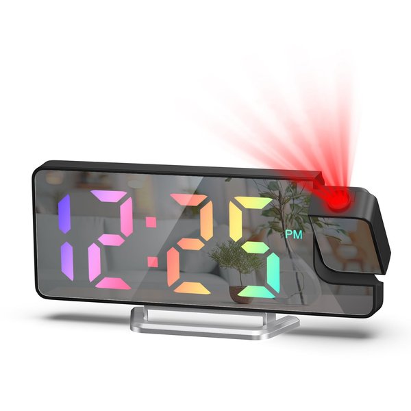 AMIR Projection Alarm Clock for Bedrooms - Digital Clock with 180 Rotatable Projector, 7.9 in Display, 4-Level Brightness, Large Screen, Alarm Clock for Heavy Sleepers, Snooze, 12/24H