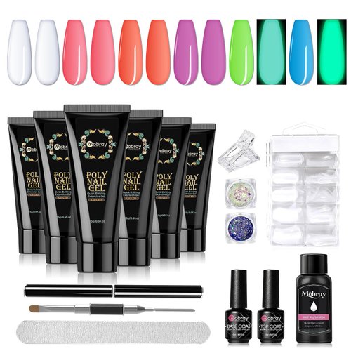 Mobray Poly Nail Extension Gel Kit-6 Colors Clear Purple Pink orange Glow in Dark Green and Blue Series,Neon Builder nail Gel kit with Basic Accessory Tools Suitable for Nail Art Design And Gifts