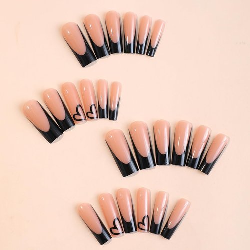 French Tip Press on Nails Coffin Fake Nails Medium False Nails with Heart Designs Pink Glue on Nails Black Tip Stick on Nails Full Cover Acrylic Nails Glossy Artificial Nails for Women DIY Nails