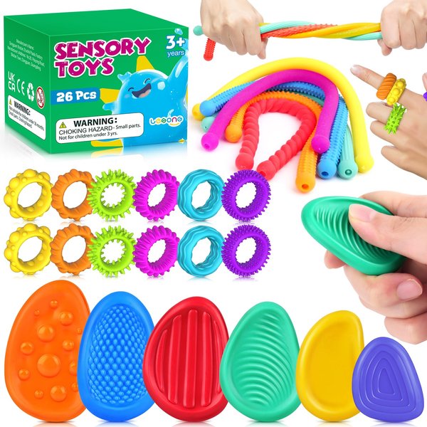 Fidget Sensory Toys for Kids: 26 Pack Textured Soft Worry Stone Sensory Rings Stretchy Strings for Autism Kids Calming Down Tools - Quiet Fidget Toys Student Classroom - Christmas Stocking Stuffers