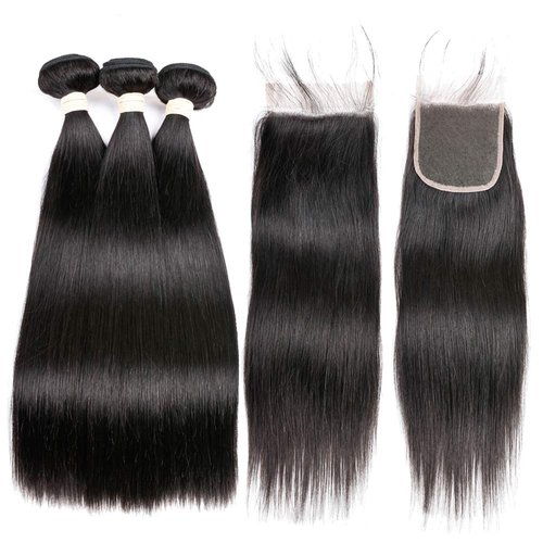 Beauhair Straight 3 Bundles with Closure Virgin Hair Free Part (14 16 18 with 14inch), 100% Unprocessed Remy Brazilian Human Hair Extensions, Hair Weft Weave With Lace Closure, Natural Color
