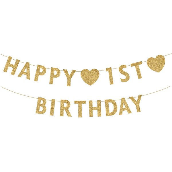 Gold Happy 1st Birthday Banner, Glitter 1 Years Old Boy or Girl Party Decorations, Supplies