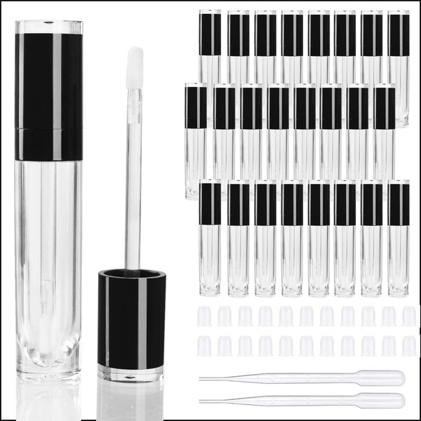 COSIDEA 26 pcs Refillable Empty 8ml Lip Gloss Tubes with clear Wand，Round black Lipgloss Containers，DIY cosmetic packing Container Bulk Wholesale