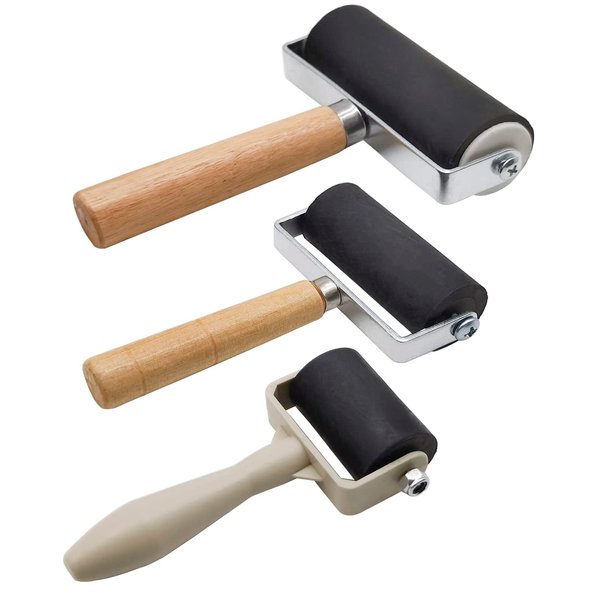 3 Pack Rubber Brayer Roller,1.4/2.4/4 Inch Hard Rubber Brayer Rollers,Art Craft Roller for Printmaking,Ink,Wallpapers Stamping Gluing