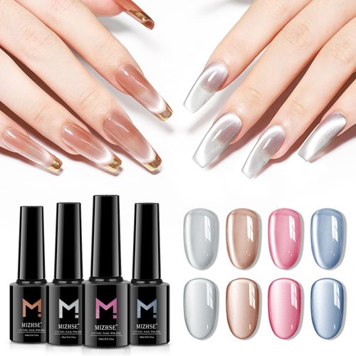MIZHSE Moonlight Cat Eye Gel Polish For Nail 10ml, Magnetic Shimmer Crystal Cateye Gel with Magnet Stick Silver Blue Gloss Aurora Manicure Set for Ladies Home Salon DIY Nail Art