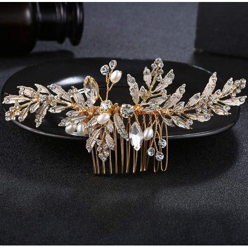 Denifery Wedding Gold Rhinestone Pearls Flower and Leaf Hair Comb Bridal Vintage Headpiece Crystal Women Hair Comb Bridal Hair Comb Wedding Hair Piece Wedding Accessories