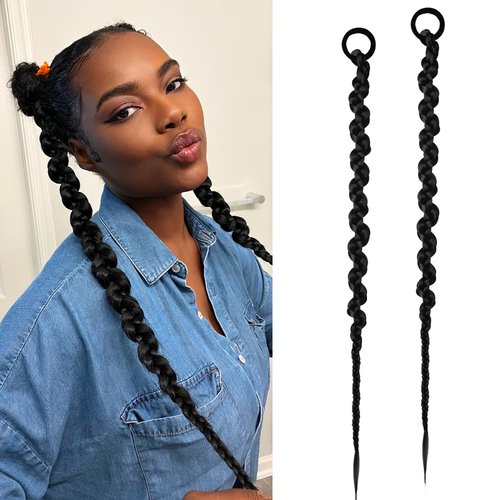 Dreamlover Braided Ponytail Hair Extensions with Hair Ties, Long Pony Tail Extensions Braids for Women, Synthetic Y2K Braided Hair Accessories, Fashionable Braided Fake Hairpieces, Black, 2 Pieces