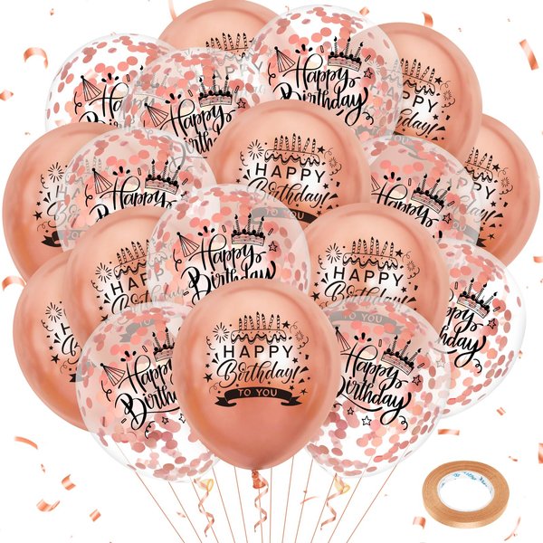 Rose Gold Happy Birthday Party Balloons 18Pcs 12 Inch Metallic Birthday Latex Balloons Confetti Balloons Rose Gold Birthday Decorations for Girls Women Birthday Anniversary Party Supplies