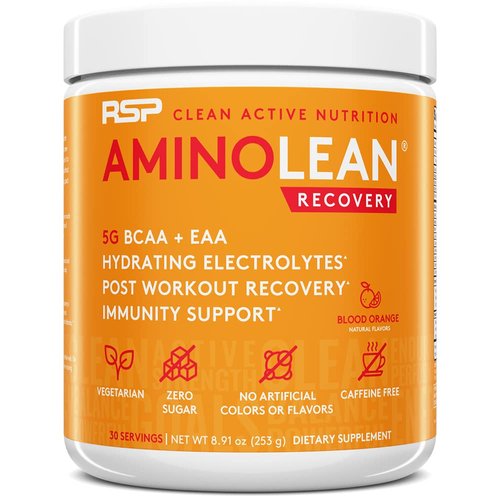 RSP AminoLean Recovery - Post Workout BCAAs Amino Acids Supplement + Electrolytes, BCAAs and EAAs for Hydration Boost, Immunity Support - Muscle Recovery Drink, Vegan Aminos, Blood Orange…