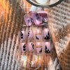 Pink Press on Nails Square Fake Nails Medium Length Glue on Nails Purple Pink False Nails with Black Leaf Glitter Design Gold Line Acrylic Press on Nails Cute Artificial Nails Glossy Stick on Nails