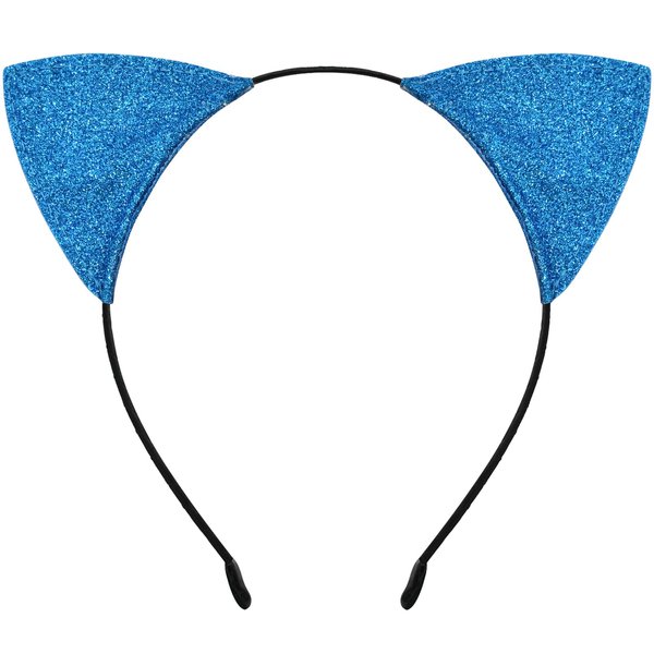Cat Ears Headband for Women Girls - Cute Sparkle Glitter Hairband Halloween Cosplay Cat Costume Hair Accessories for Adult Kids Birthday Daily Wear Blue