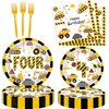 189 Pcs Construction 4th Birthday Party Supplies Dump Truck Four Years Old Paper Plates Napkins Forks Cups Tablecloth Banner Balloon Garland Dinnerware for Construction 4th Bday Party Decorations