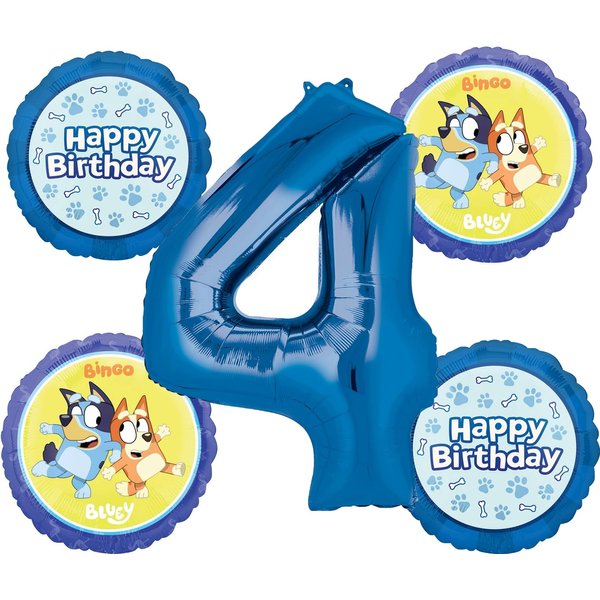 Anagram Bluey 4th Birthday Party Supplies 5pc Foil Balloon Bouquet