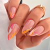 Almond Press on Nails Medium - Orange and Pink White Mingle French Tip Fake Nails Press ons, Golden Line Design Glue on Nails Light Pink Full Cover Glossy Acrylic Nails for Women 24 Pcs