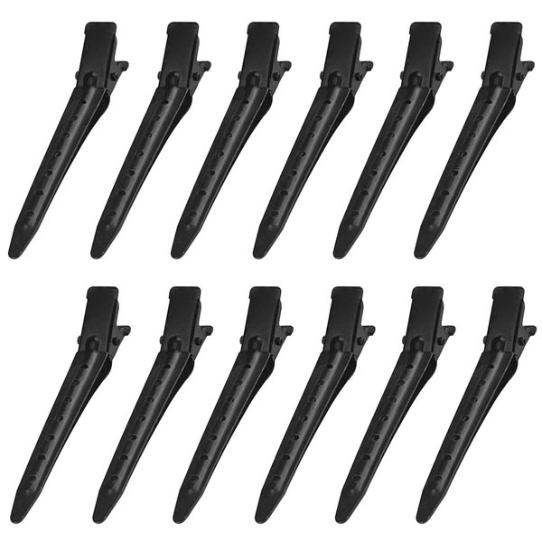 12PCS Duck Billed Clips, 2.75 Inches Rustproof Metal Alligator Curl Clips with Holes for Hair Styling, Hair Coloring, Medium, Black