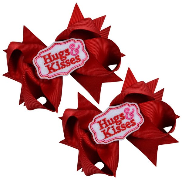 Valentines Day Hair Bow SET of 4.5 inch Grosgrain Bows with HUGS & KISSES (Red SET)