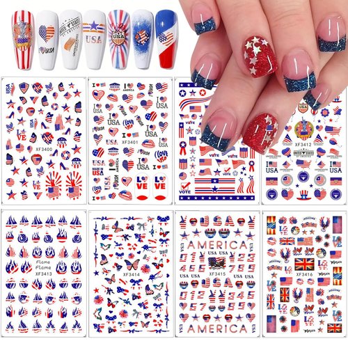 8 Sheets 4th of July Nail Art Stickers 3D Patriotic Nail Decals USA Flag Independence Day Nail Stickers for Nail Art Decorations Self-Adhesive American Flag Nail Art Design Supplies for Women Girls