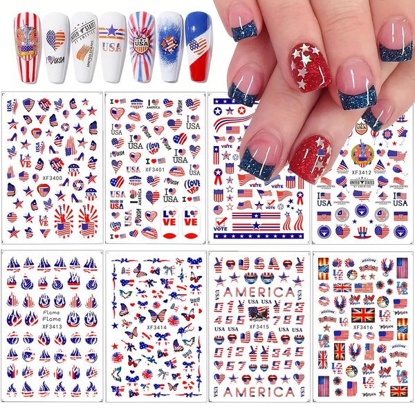 8 Sheets 4th of July Nail Art Stickers 3D Patriotic Nail Decals USA Flag Independence Day Nail Stickers for Nail Art Decorations Self-Adhesive American Flag Nail Art Design Supplies for Women Girls