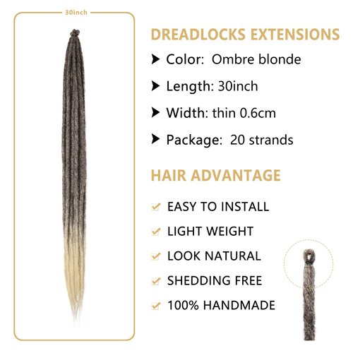SAVASANA 30 Inch Dreadlock Extensions 20 Strands Boho Style Crochet Hair Dreads Synthetic Single Ended Hippie Loc Hair Extensions Light Brown Blonde Handmade Crochet Braids for Women & Men