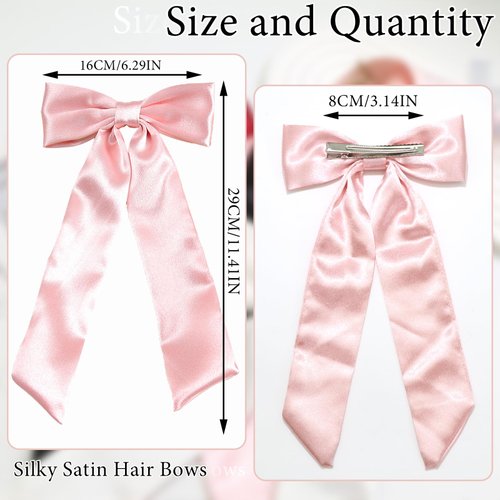 SAWINDA 4PCS Satin Hair Bows for Girls Bowknot Hair Barrette Ribbon Bows Ponytail Holder Accessories with Oversize Tail Wedding Prom Daily Outfits Hair Bow Accessories for Women (Black&Red&Pink&White)