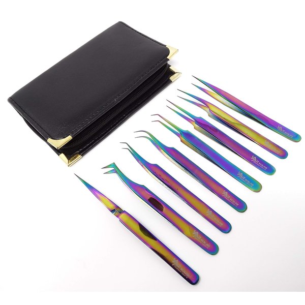 Set of 8 Piece Stainless Steel Colorful Color 3D 5D False Eyelash Extension Tweezers, Premium Quality (Multi Color)