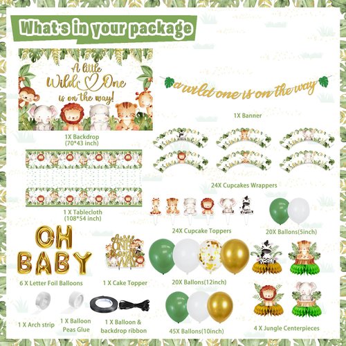 Safari Jungle Baby Shower Decorations, 150 Pcs a Wild One is on the Way Party Supplies Decor for Boy Girl Showers with Banners Cupcakes Wrappers Backdrop Tablecloth Centerpieces
