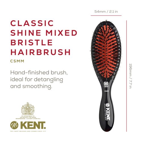 Kent CSMM Classic Shine Medium Oval Cushion Straightening Brush - Natural Black Boar Bristle Hair Brush with Nylon Quills - Shine Hair Brush and Scalp Scrubber for Shoulder to Mid Length Hair