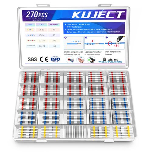 Kuject 270PCS Solder Seal Wire Connectors, Self-Solder Heat Shrink Butt Connector Waterproof Insulated Electrical Butt Splice Wire Terminals for Marine Automotive Boat Truck Stereo Wire Joint