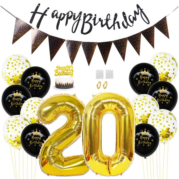 Daimay 20th Birthday Party Decorations Gold Black Happy Birthday Latex Confetti Balloons Triangle Flag Banner Number 20 Foil Balloon Cake Topper for Men Women Anniversary Birthday Party Supplies