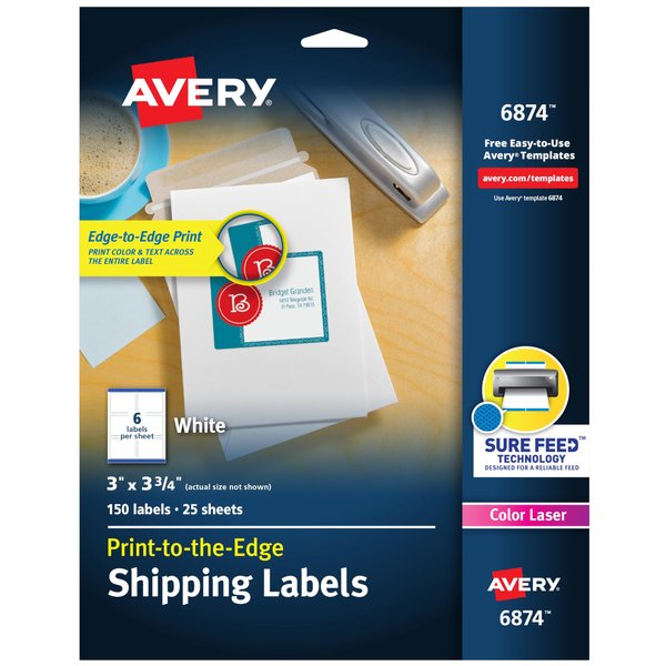 Avery Printable Shipping Labels with Sure Feed, 3" x 3.75", White, 150 Blank Mailing Labels (6874)