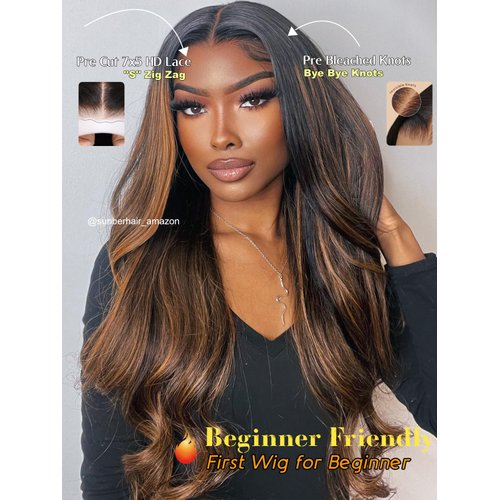 Sunber Ombre Highlight #FB30 7x5 Lace Front Glueless Human Hair Wig Balayage Wavy Pre Everything Put On Go Pre Bleached Invisible Knots 22Inch Piano Chocolate Brown 180% Density Body Wave Frontal Wigs