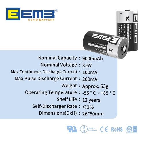EEMB 10Pack ER26500 C Size 3.6V Lithium Battery High Capacity Li-SOCL₂ Non-Rechargeable Battery LS26500 SB-C01 TL-2200 for Automobile tire Pressure Monitor,Smart Card,Electricity Meter,Wireless Tools