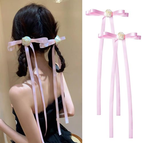 Hair Accessories Decorations Pink Hair Bow Ribbon Long Satin Silk Hair Bows Bow Clips for Women Girls White Rose Bow Hair Clip Long Tail Tassel Ribbon Hair Bow Clips Pink Hair Bows 2 PCS