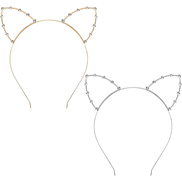 Bunnycool 2 Pcs Crystal Cat Ears Headband Rhinestone Cat Ear Tiaras Hair Band Party Cosplay Costume Accessory for Girls Women Golden Silver