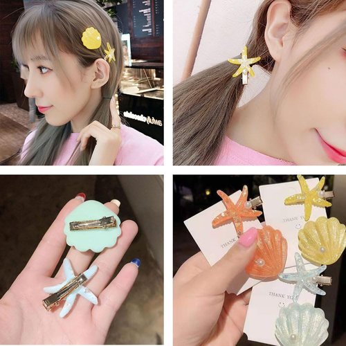Ulfanit Seashell Starfish Hair Clips for Girls - 8pcs Princess Mermaid Colored Hair Pin Hair Clip, Sparkly Pink Orange Yellow Blue Hairpin Women Cosplay Birthday Gift Hair Accessories