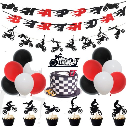 60 Pieces Dirt Bike Birthday Decoration Dirt Bike Party Supplies Banner Cake Cupcake Topper for Motocross Themed Birthday Party Man or Boy Riding Room Wall Decoration Motorcycle Birthday Decoration