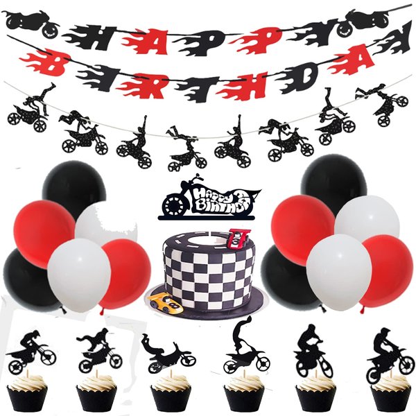 60 Pieces Dirt Bike Birthday Decoration Dirt Bike Party Supplies Banner Cake Cupcake Topper for Motocross Themed Birthday Party Man or Boy Riding Room Wall Decoration Motorcycle Birthday Decoration