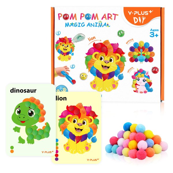 YPLUS Pompoms Art Crafts Kits, Toddler DIY Sensory Activities for Kids Ages 1-3 2-4 3-5, Finger Motor Art Supplies - Theme Animals Stocking Stuffers for Kids Toddler