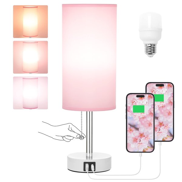 Hong-in Nightstand Lamp with Color Modes - Pink Bedroom Lamp with USB Charging Ports, 3000/4000/5000k Pull Chain Table Lamp for Bedroom, Office, Living Room