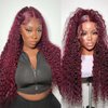 VELOMA 99J Burgundy Deep Wave Lace Front Wigs Human Hair 13x4 HD Lace Frontal Wigs Human Hair Lace Front Wigs Pre Plucked 99j Burgundy Deep Curly Wigs Human Hair Wigs For Women 180% Density 24 Inch