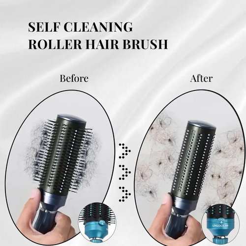 Set of 3 Navy, Blue & Pink Self Cleaning Hair Brush Comb - Detangler Brush Round Brush for Blow Out - Easy Clean Roller Hair Brushes for Women Men Birthday Gifts