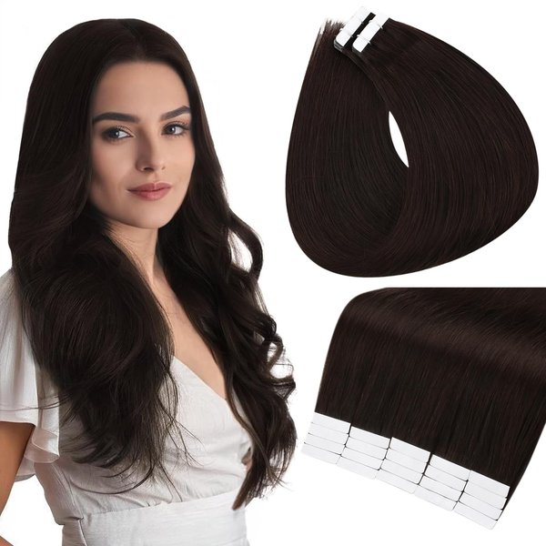 Full Shine Brown Tape in Hair Extensions Real Human Hair 20 Inch Invisible Tape in Hair Extensions Dark Brown Color 2 Skin Weft Hair 40 Pcs 100 Gram Seamless Hair Extension Double Sided Tape