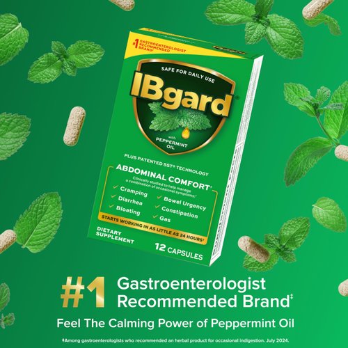 IBgard Gut Health Supplement, Peppermint Oil Capsules for Abdominal Comfort, 12 Capsules (Packaging May Vary)