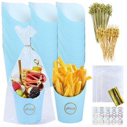 50 Sets 14oz Disposable Charcuterie Cups with 200 Sticks, 50 Bags & 50 Stickers | Eco-Friendly Snack Holders for French Fries, Fruits, Desserts | Birthday Wedding Party Supplies （blue）