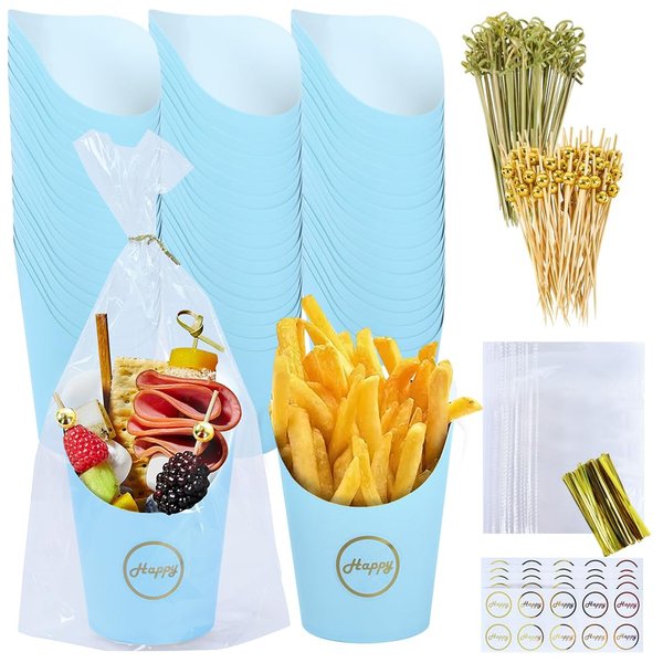 50 Sets 14oz Disposable Charcuterie Cups with 200 Sticks, 50 Bags & 50 Stickers | Eco-Friendly Snack Holders for French Fries, Fruits, Desserts | Birthday Wedding Party Supplies （blue）