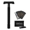 QSHAVE Double Edge 4 inch Long Handle Safety Razor for Men or Women Twist Butterfly Open Matte Black Steel Coating (1 Razor + 5 pcs Titanium Coated Blades + Leather Travel Case)