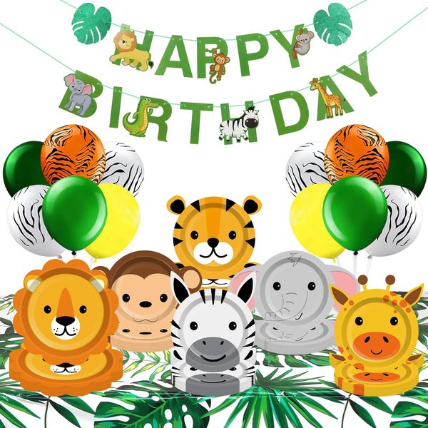Safari Animals Birthday Party Decorations Jungle Theme Birthday Supplies Included Wild Animals Plates Balloons Tablecloth and Happy Birthday Banner for Safari Christmas Theme Boy Birthday Decor